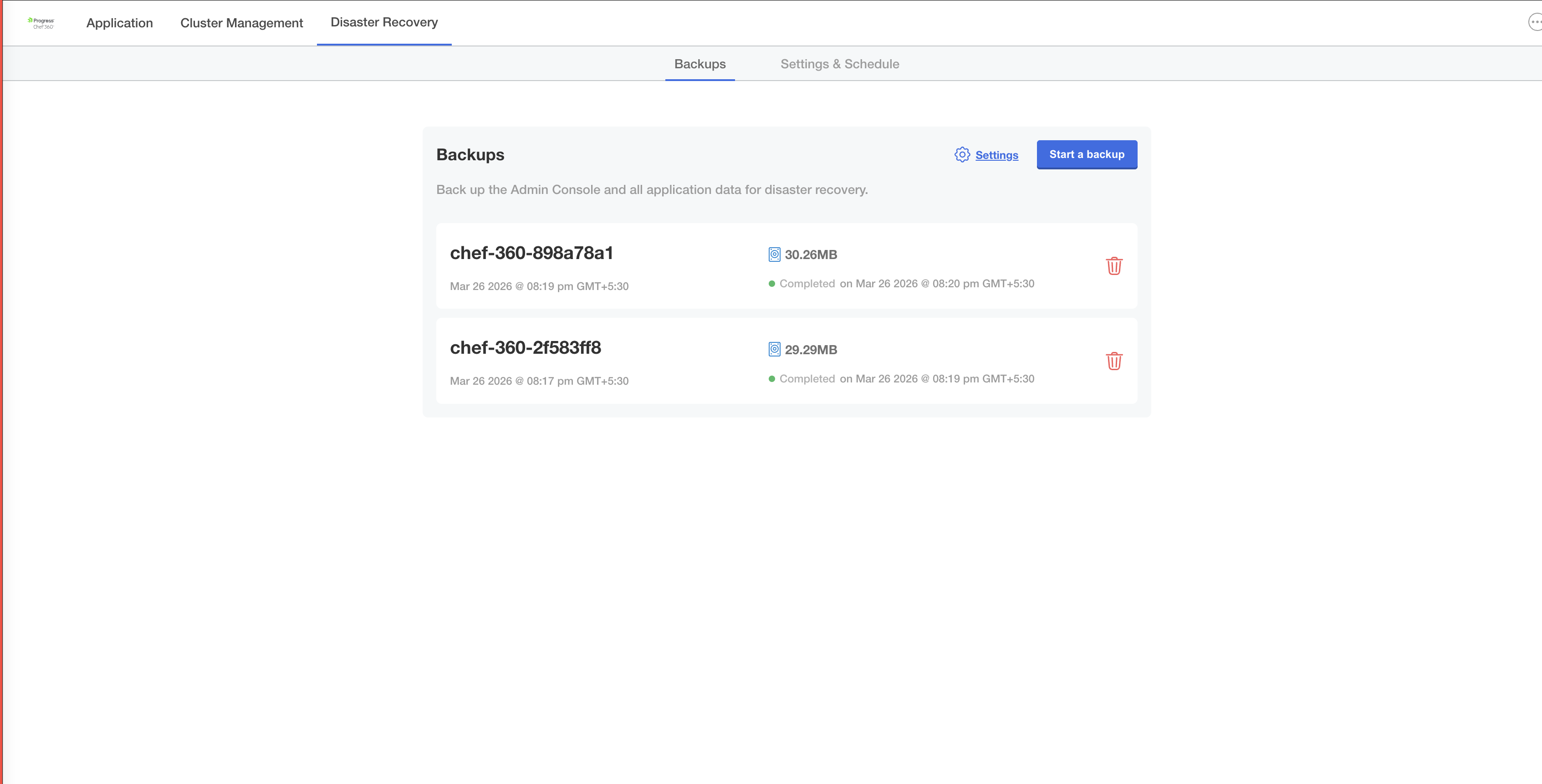 Backups page showing two completed backups with green status indicators, timestamps, and file sizes displayed